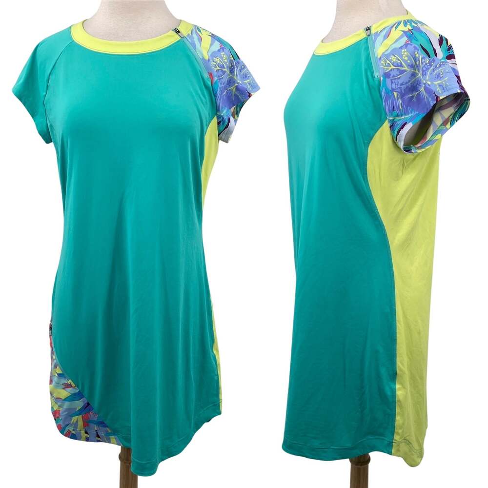Title Nine Active Dress Short Sleeve A Line Scoop Neck Colorblock Printed Teal L